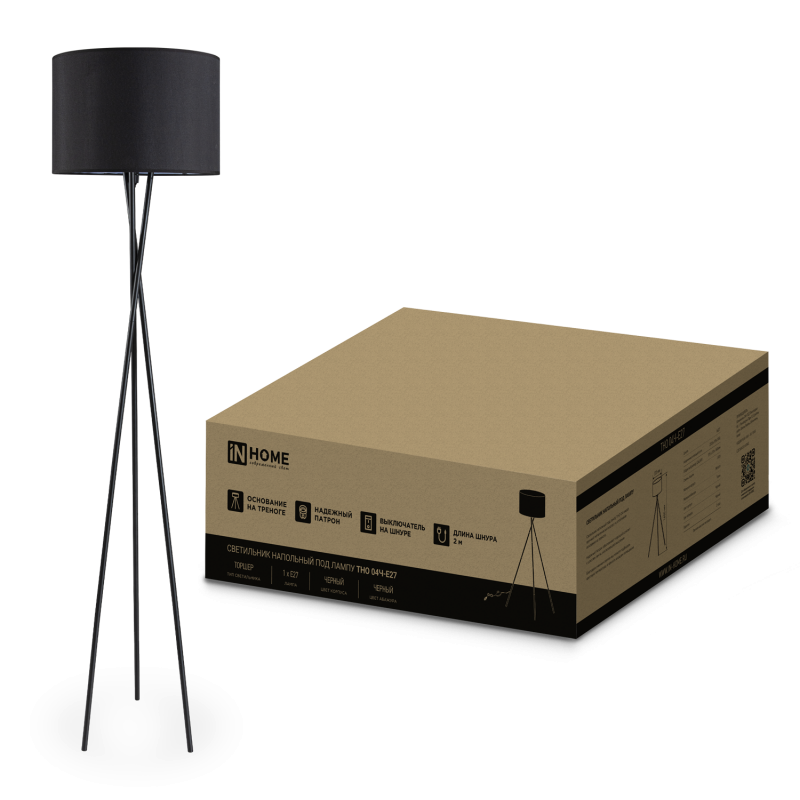 Светильник напольный под лампу ТНО 04-Е27Ч 230В черный абажур, черная тренога IN HOME