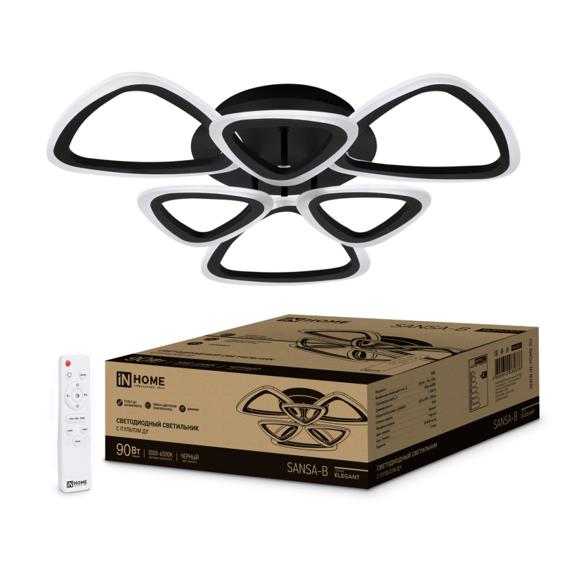 Светильник светодиодный ELEGANT SANSA-B 90Вт 230В 3000-6500K 7000Лм 650х650х130мм c пультом ДУ черный IN HOME