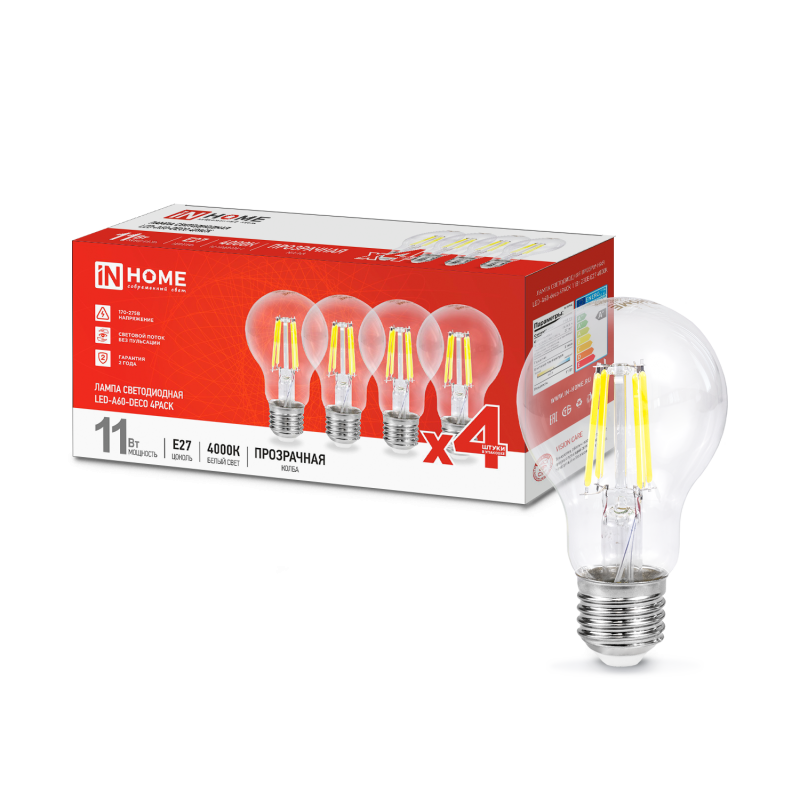Лампа светодиодная LED-A60-deco 4PACK 11Вт 230В Е27 4000К 1160Лм (4шт./упак) прозрачная IN HOME