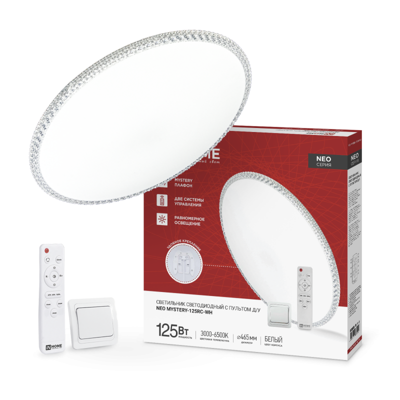 Светильник светодиодный NEO MYSTERY-125RC-WH 125Вт 230В 3000-6500K 6000Лм 460x67мм с пультом ДУ белый IN HOME