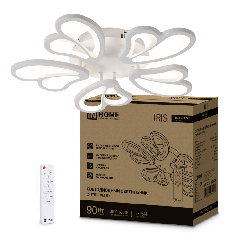 Светильник светодиодный ELEGANT IRIS 90Вт 230В 3000-6500K 7000Лм 550х525х85мм c пультом ДУ белый IN HOME