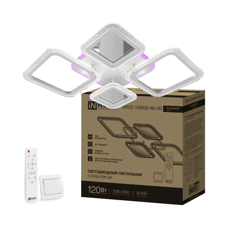 Светильник светодиодный ELEGANT SPACE-120RGB-WH-BG 120Вт 230В 3000-6500K 8400Лм 530х530х125мм пульт ДУ белый IN HOME