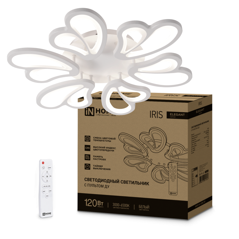 Светильник светодиодный ELEGANT IRIS 120Вт 230В 3000-6500K 8400Лм 607х535х85мм c пультом ДУ белый IN HOME