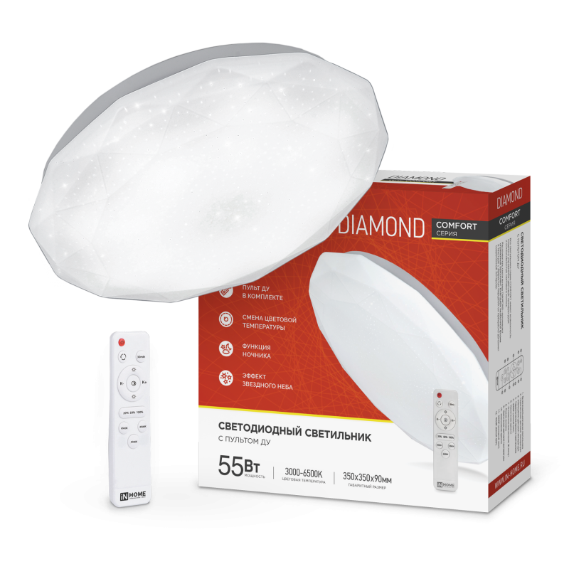 Светильник светодиодный COMFORT DIAMOND 55Вт 230В 3000-6500K 4400Лм 385x90мм с пультом ДУ IN HOME