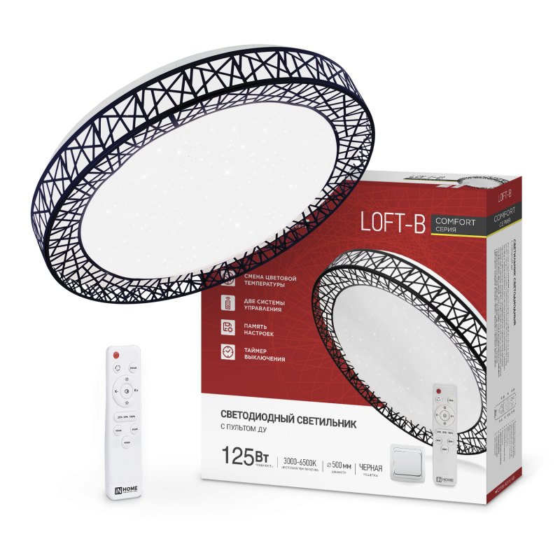 Светильник светодиодный COMFORT LOFT-B 125Вт 230В 3000-6500K 10000Лм 500x105мм с пультом ДУ IN HOME