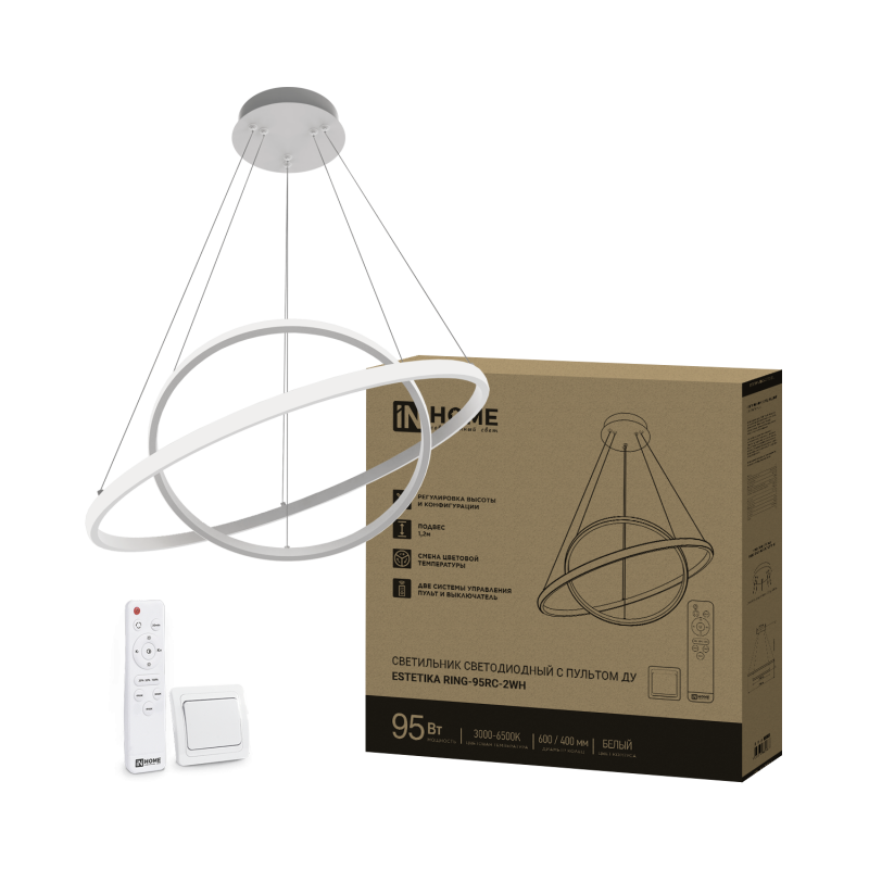 Светильник светодиодный ESTETIKA RING-95RC-2WH 95Вт 230В 3000-6500K 600/400 1.2м трос пульт ДУ белый IN HOME
