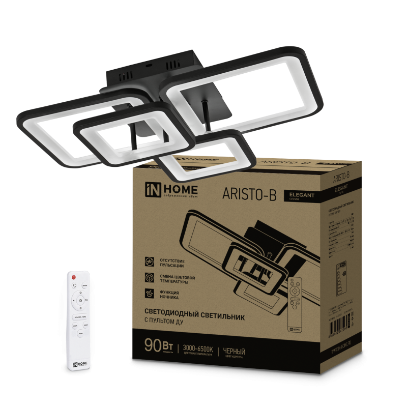 Светильник светодиодный ELEGANT ARISTO-B 90Вт 230В 3000-6500K 7000Лм 535х370х151мм пульт ДУ черный IN HOME