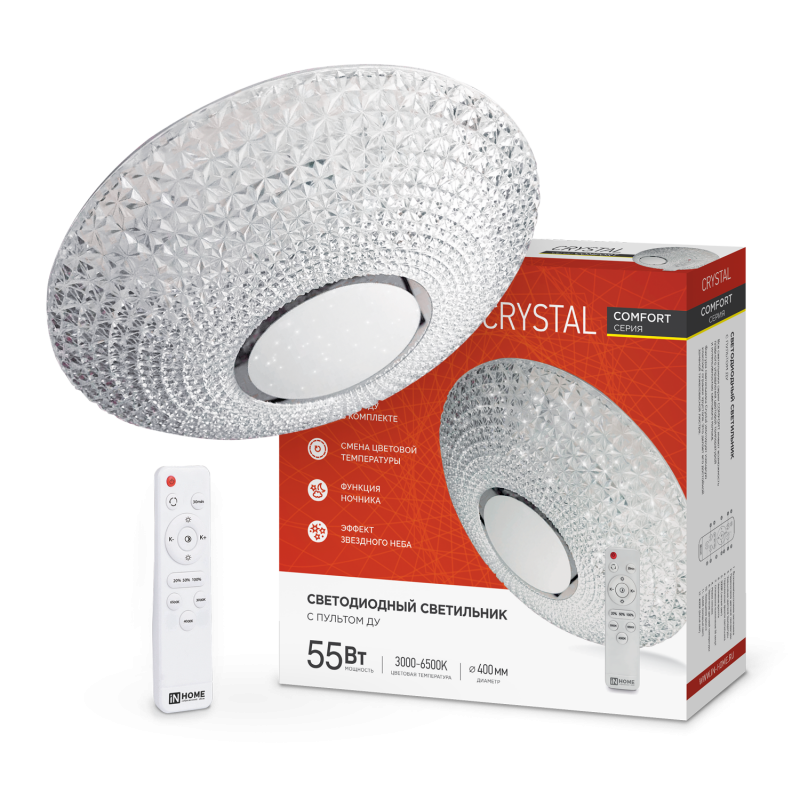 Светильник светодиодный COMFORT CRYSTAL 55Вт 230В 3000-6500K 4400Лм 415x115мм с пультом ДУ IN HOME