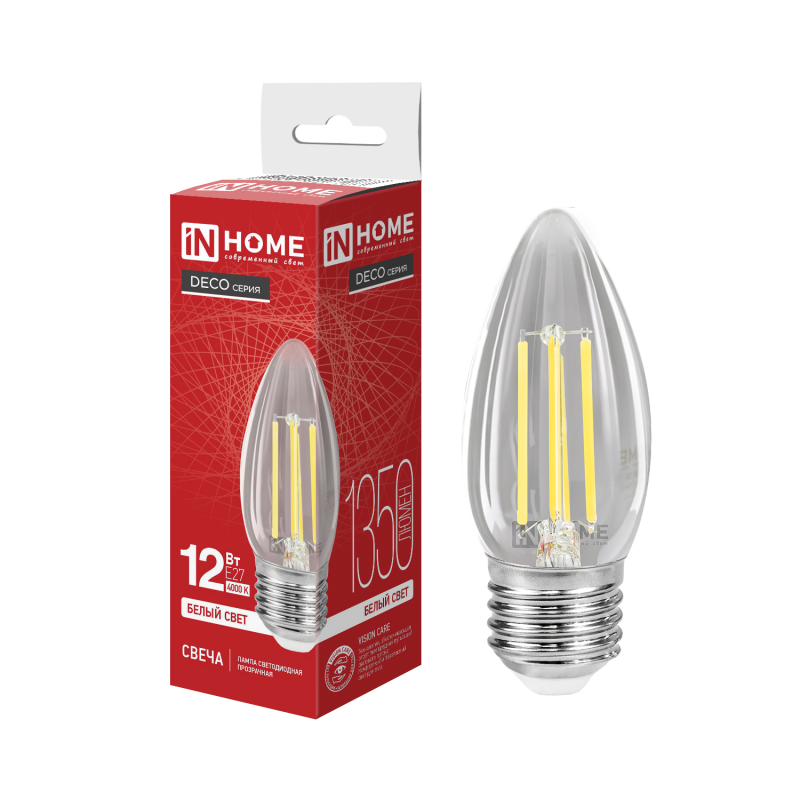 Лампа светодиодная LED-СВЕЧА-deco 12Вт 230В Е27 4000К 1350Лм прозрачная IN HOME