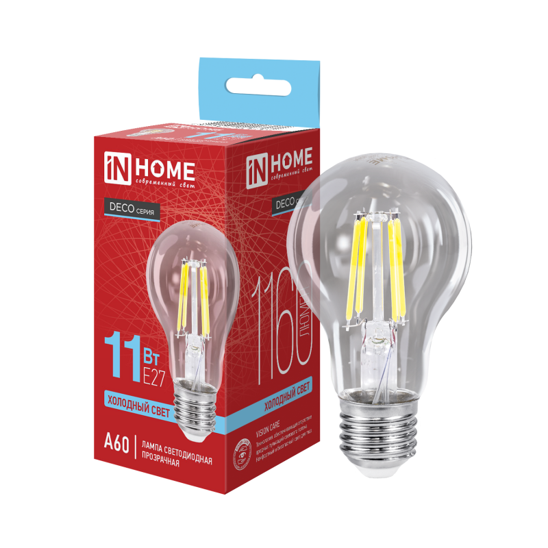 Лампа светодиодная LEDA60deco 11Вт 230В Е27 6500К 1160Лм прозрачная