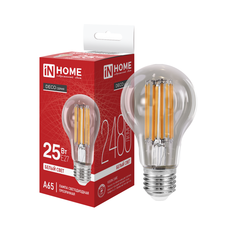 Лампа светодиодная LEDA65deco 25Вт 230В Е27 4000К 2480Лм прозрачная
