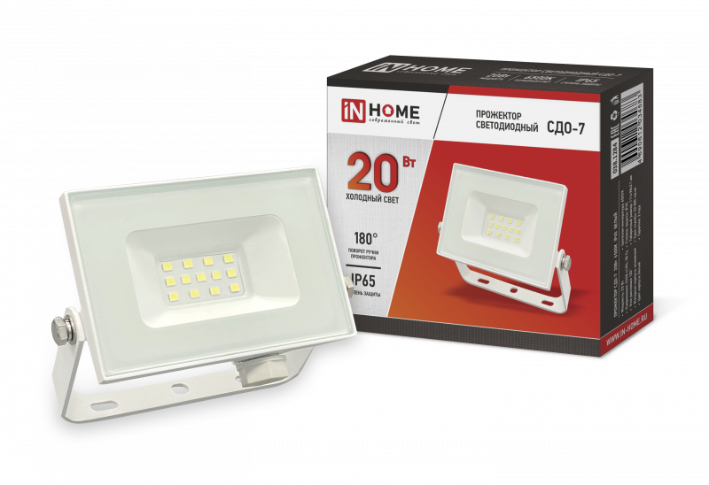Прожектор светодиодный СДО-7 20 Вт 6500К IP65 белый IN HOME