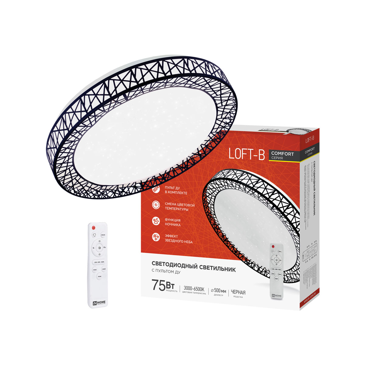 Светильник светодиодный COMFORT LOFT-B 75Вт 230В 3000-6500K 6000Лм 500x105мм с пультом ДУ IN HOME