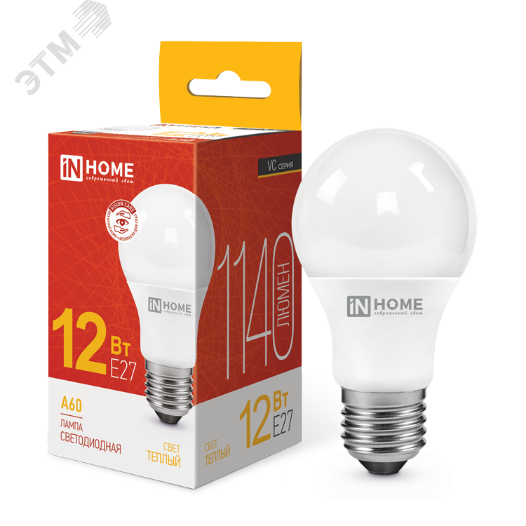 Изображение товара Лампа светодиодная LED-A60-VC 12Вт 230В Е27 3000К 1140Лм IN HOME (шт)