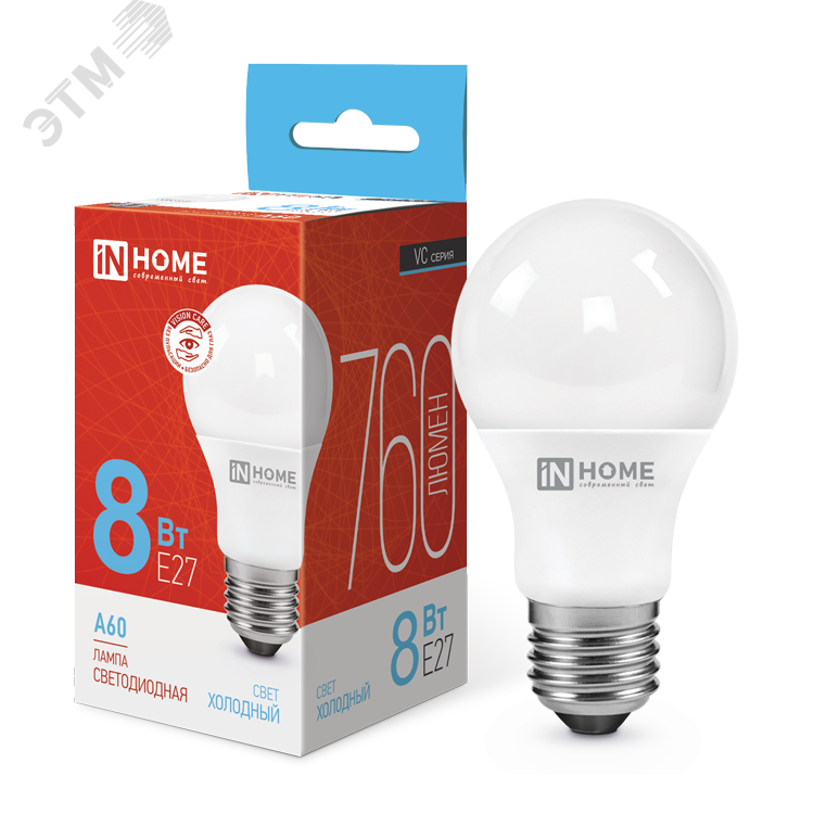 Изображение товара Лампа светодиодная IN HOME LED-A60-VC 8Вт 6500К E27 Изображение товара Лампа светодиодная IN HOME LED-A60-VC 8Вт 6500К E27