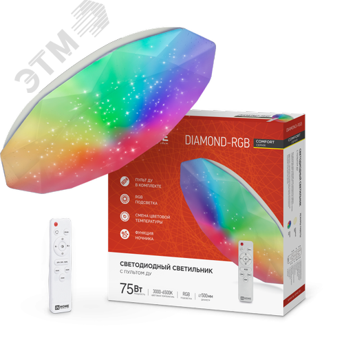 Светильник светодиодный COMFORT DIAMOND-RGB 75Вт 230В 3000-6500K 6000Лм 500x105мм с пультом ДУ IN HOME - фото 1