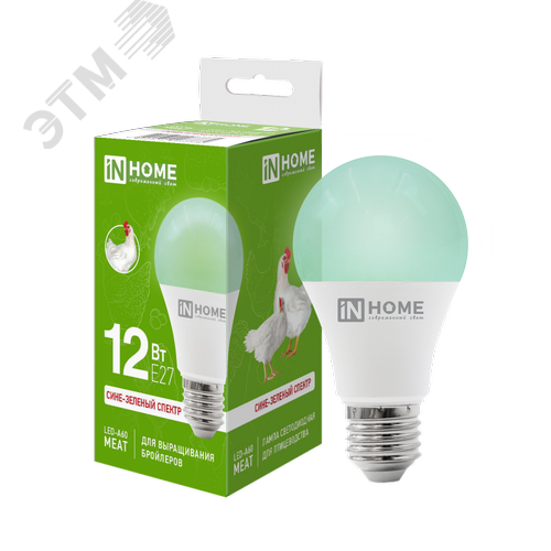 Изображение товара Лампа светодиодная для птицеводства LED-А60-MEAT 12Вт 230В Е27 сине-зеленый спектр для выращивания бройлеров IN HOME (шт)