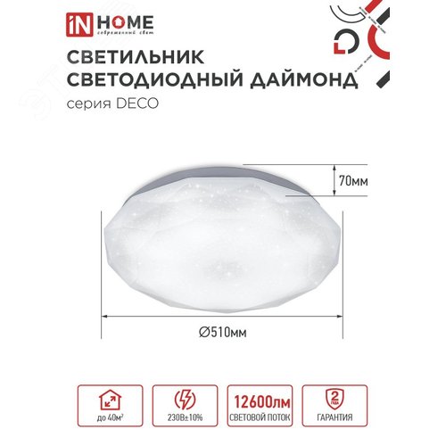 Светильник светодиодный серии DECO ДАЙМОНД 120Вт 230В 6500К 12600Лм 496х85мм IN HOME - фото 2