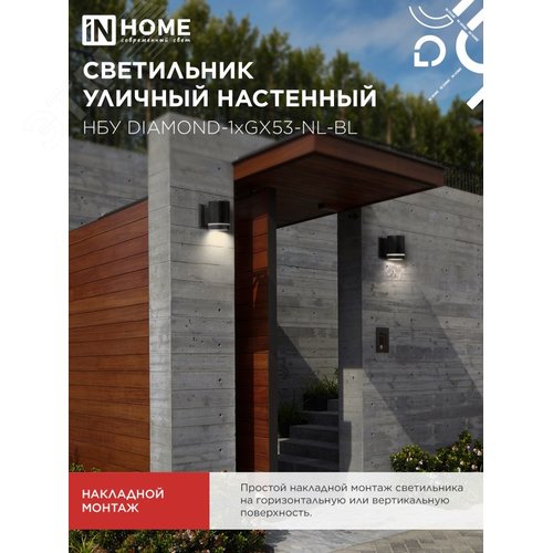 Светильник уличный настенный односторонний НБУ DIAMOND-1хGX53-NL-BL с подсветкой черный IP54 IN HOME - фото 5