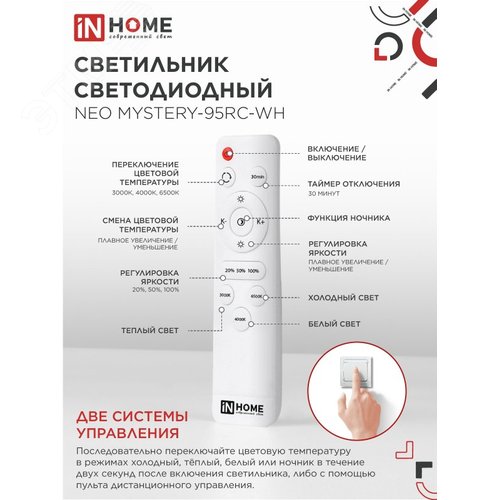 Светильник светодиодный NEO MYSTERY-95RC-WH 95Вт 230В 3000-6500K 7600Лм 465x67мм с пультом ДУ белый IN HOME - фото 4