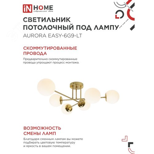 Светильник потолочный под лампу AURORA EASY-6G9-LT 6xG9 латунное основание, матовые плафоны IN HOME - фото 4