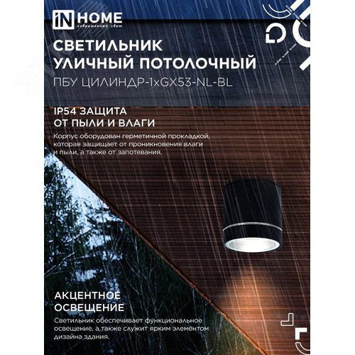 Светильник уличный потолочный ПБУ ЦИЛИНДР-1xGX53-NL-BL с подсветкой алюминиевый черный IP54 IN HOME - фото 3