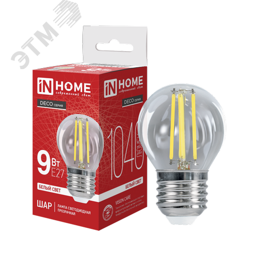 Изображение товара Лампа светодиодная LED ШАР deco 9 Вт 230 В Е27 4000 К 1040 Лм прозрачная (шт)