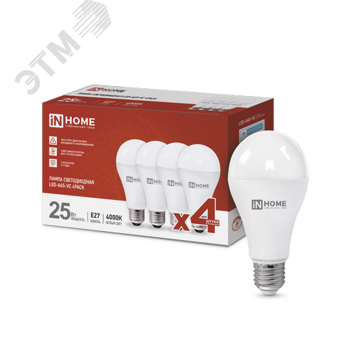 Лампа светодиодная LED-A65-VC 25Вт 230В Е27 4000К 2380Лм (4шт./упак) IN HOME - фото 1