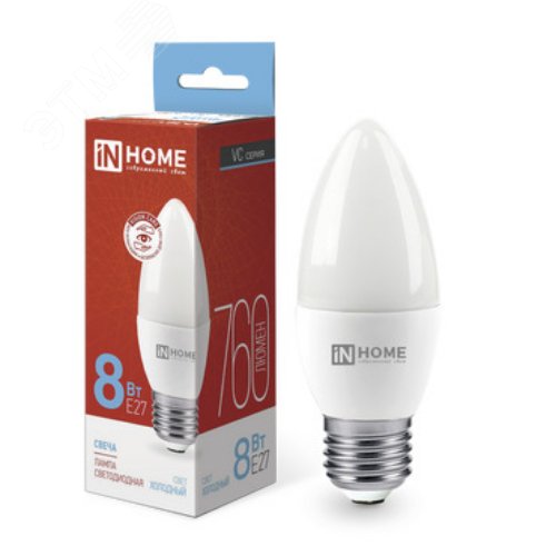 Лампа светодиодная LED-СВЕЧА-VC 8Вт 230В Е27 6500К 760Лм IN HOME - фото 1