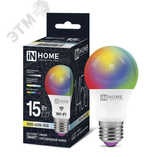 Изображение товара Лампа светодиодная LED-A60-RGBW-SMART 15Вт 230В димм. Е27 3000-6500К 1450Лм IN HOME (шт)