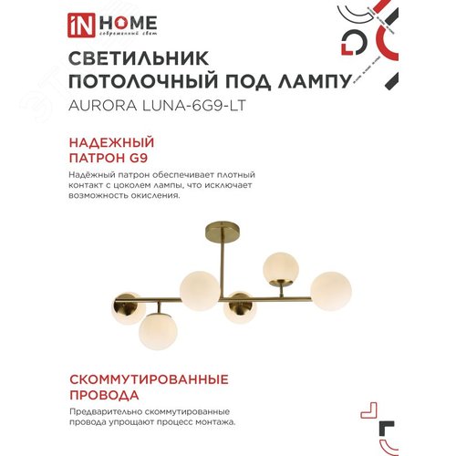 Светильник потолочный под лампу AURORA LUNA-6G9-LT 6xG9 латунное основание, матовые плафоны IN HOME - фото 4