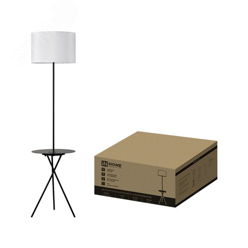 Изображение товара Светильник напольный под лампу ТНО 04П-Е27-WB 230В полка, белый абажур, черная тренога IN HOME (шт)