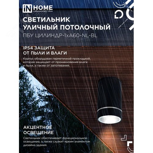 Светильник уличный потолочный ПБУ ЦИЛИНДР-1xА60-NL-BL с подсветкой черный IP54 IN HOME - фото 3
