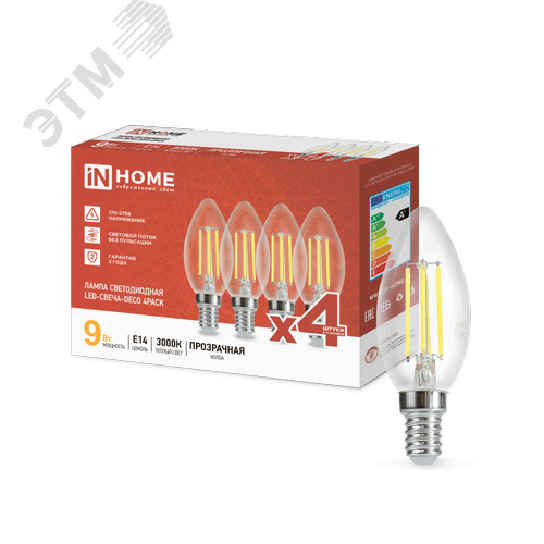Лампа светодиодная LED-СВЕЧА-deco 4PACK 9Вт 230В Е14 3000К 1040Лм (4шт./упак) прозрачная IN HOME - фото 1