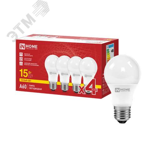 Лампа светодиодная LED-A60-VC 4PACK 15Вт 230В Е27 3000К 1430Лм (4шт./упак) IN HOME - фото 1