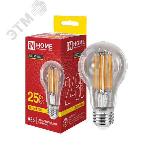 Изображение товара Лампа светодиодная LED-A65-deco 25Вт 230В Е27 3000К 2480Лм прозрачная IN HOME (шт)