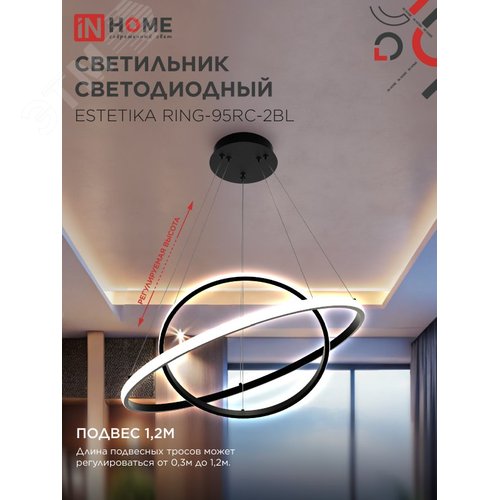 Светильник светодиодный ESTETIKA RING-95RC-2BL 95Вт 230В 3000-6500K 600/400 1.2м трос пульт ДУ черный IN HOME - фото 4