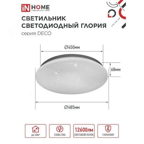 Светильник светодиодный серии DECO ГЛОРИЯ 120Вт 230В 6500К 12600Лм 483х67мм IN HOME - фото 2