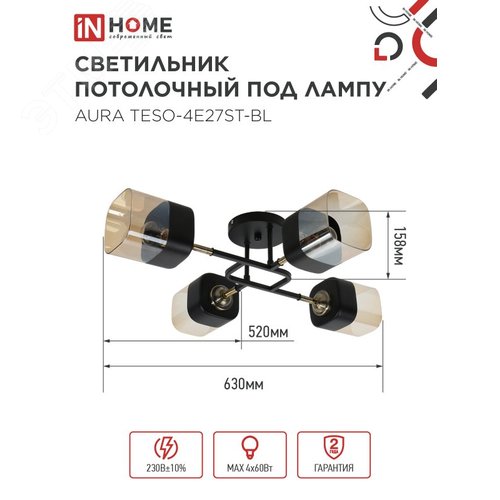 Светильник потолочный поворотный AURA TESO-4E27ST-BL 4хЕ27 янтарные плафоны, черный корпус IN HOME - фото 2