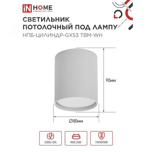 Светильник потолочный НПБ-ЦИЛИНДР-GX53 TBM-WH 80х90мм белый IN HOME - фото 2