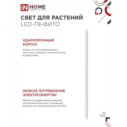 Лампа светодиодная LED-T8-ФИТО 20Вт 230В G13 1200мм IN HOME - фото 4
