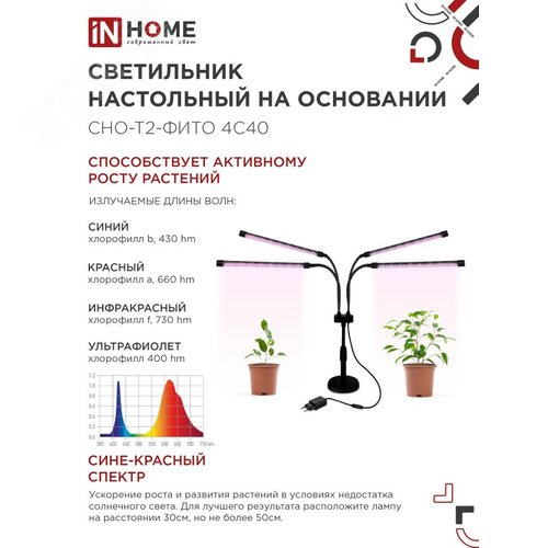 Светильник настольный на основании светодиодный СНО-Т2-ФИТО 4С40 40Вт 4 плафона, пульт на шнуре ЧЕРНЫЙ IN HOME - фото 3