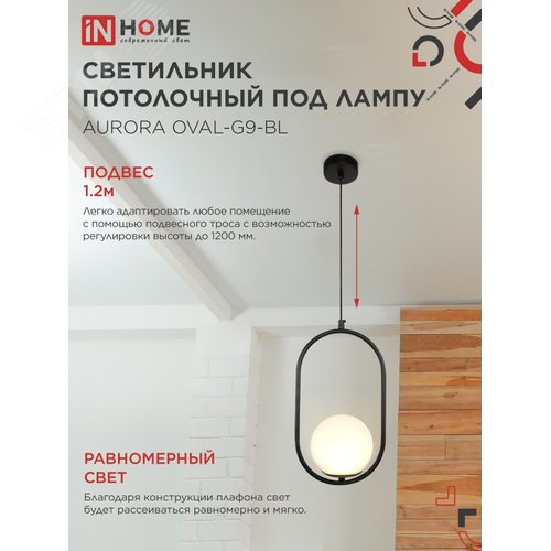 Светильник подвесной под лампу AURORA OVAL-G9-BL 1хG9 матовый плафон, черный корпус IN HOME - фото 3