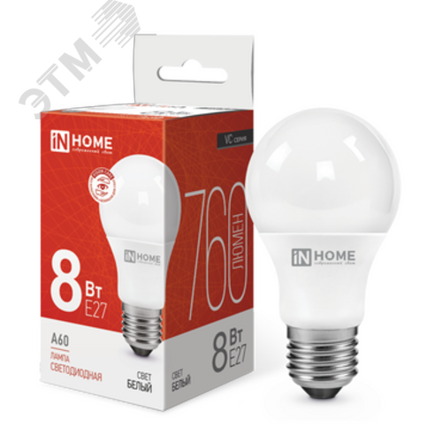 Изображение товара Лампа светодиодная LED-A60-VC 8Вт 230В Е27 4000К 760Лм IN HOME (шт)