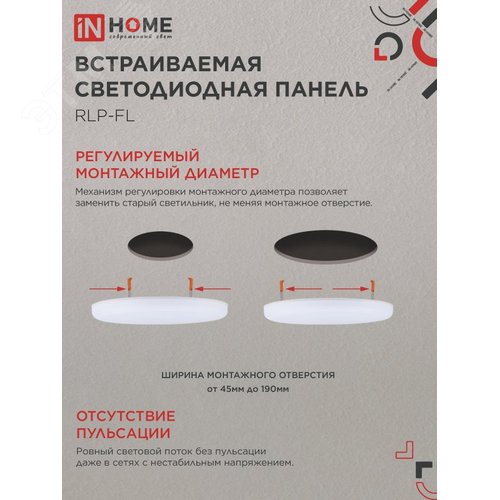 Панель светодиодная встраиваемая безрамочная RLP-FL 36Вт 230В 4000К 3240Лм 223мм с регулируемым монтажом 45-190мм белая IP20 IN HOME - фото 3