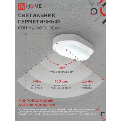 Светильник светодиодный герметичный СПП МД-2065-ОВАЛ 20Вт 6500К 1800Лм с микроволновым датчиком IP65 195х94мм IN HOME - фото 6
