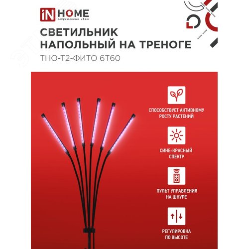 Светильник напольный на треноге светодиодный Т НА-Т2-ФИТЕ 6Т60 60Вт 6 плафонов, пульт на шнуре черный IN HOME - фото 3