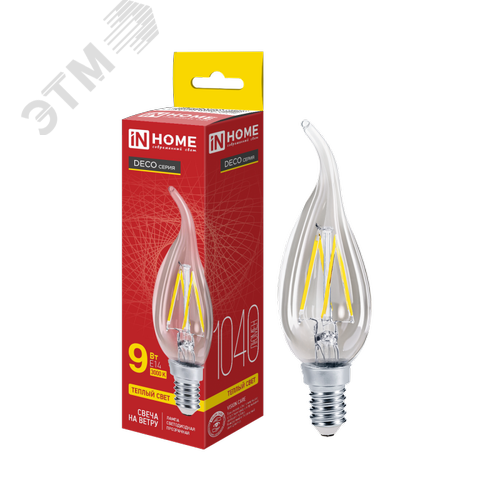 Изображение товара Лампа светодиодная LED СВЕЧА НА ВЕТРУ deco 9 Вт 230 В Е14 3000К 1040 Лм прозрачная (шт)