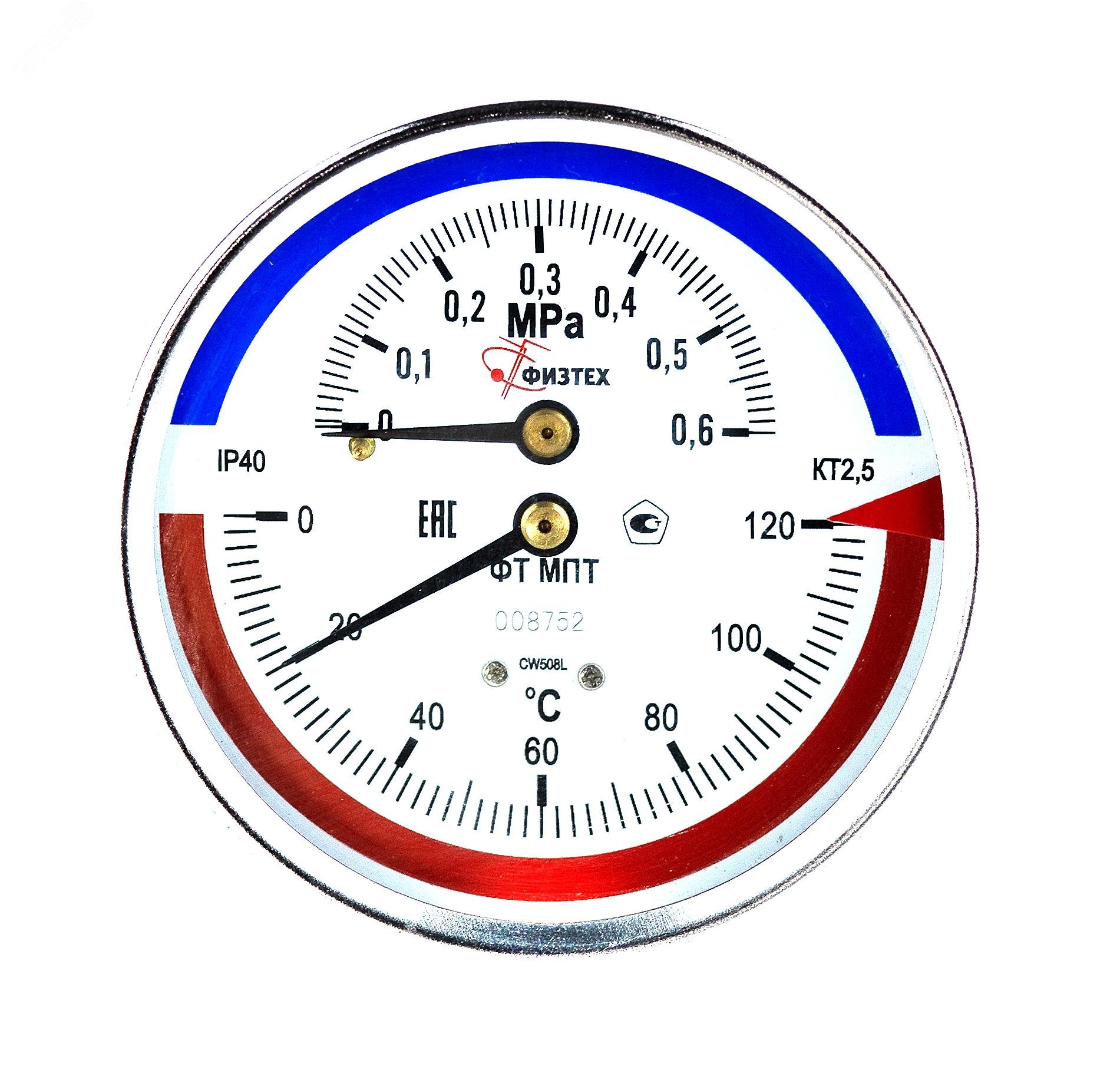 Изображение товара Термоманометр МПТ 0 120 С 0 6 МПа G1 2 IP40 Россия