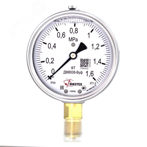 Изображение товара Манометр виброустойчивый ДМ8008-ВУф 0-1.6 МПа кт.1.0 d.100 IP54 M20*1.5 РШ ВуГл (шт)